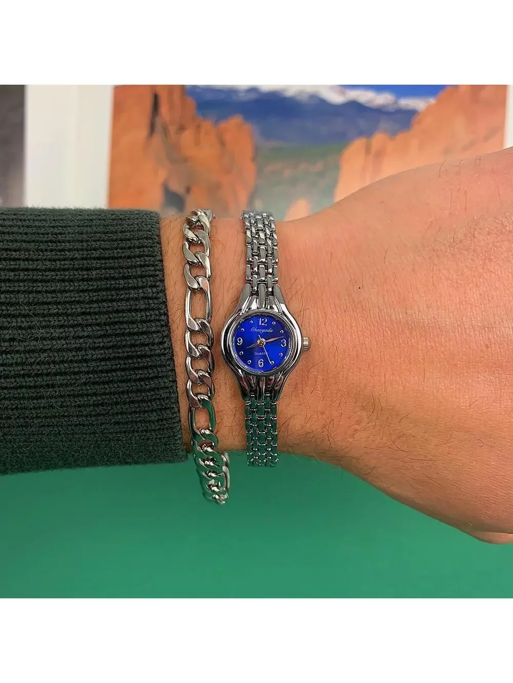 Minimalistic Silver and Blue Face round dainty stainless steel y2k 2000s style w